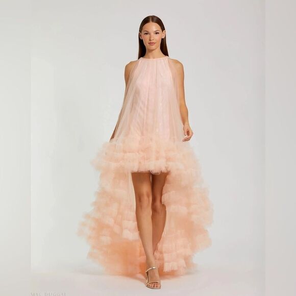 MAC DUGGAL 68252 Light Pink Tulle High Neck Sleeveless Ruffled Hem Hi-Low Gown - Picture 4 of 16